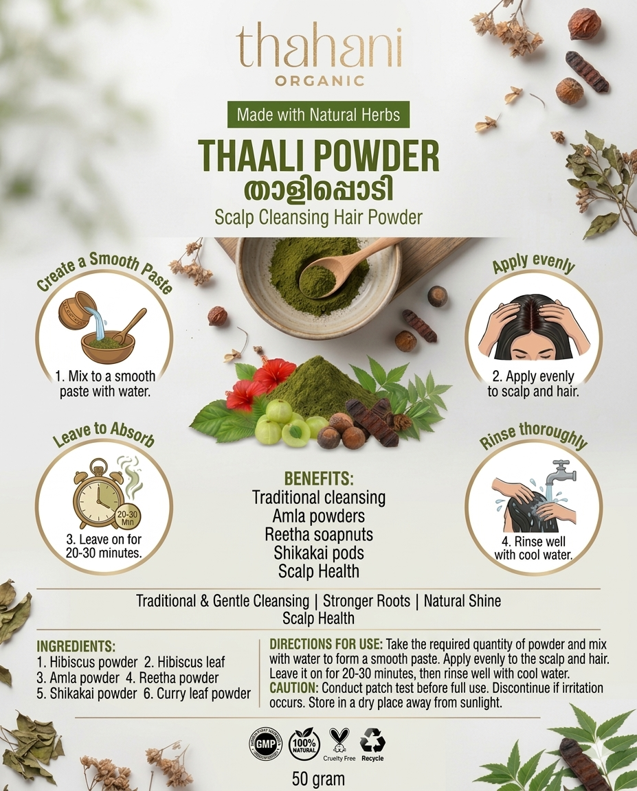 Thahani Organic Thaali Powder packaging with usage instructions and ingredients listed.